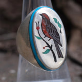 Vintage Sterling Inlaid Robin Ring 8.75