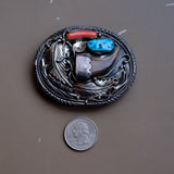 Vintage Sterling Turquoise and Coral Bear Claw Belt Buckle