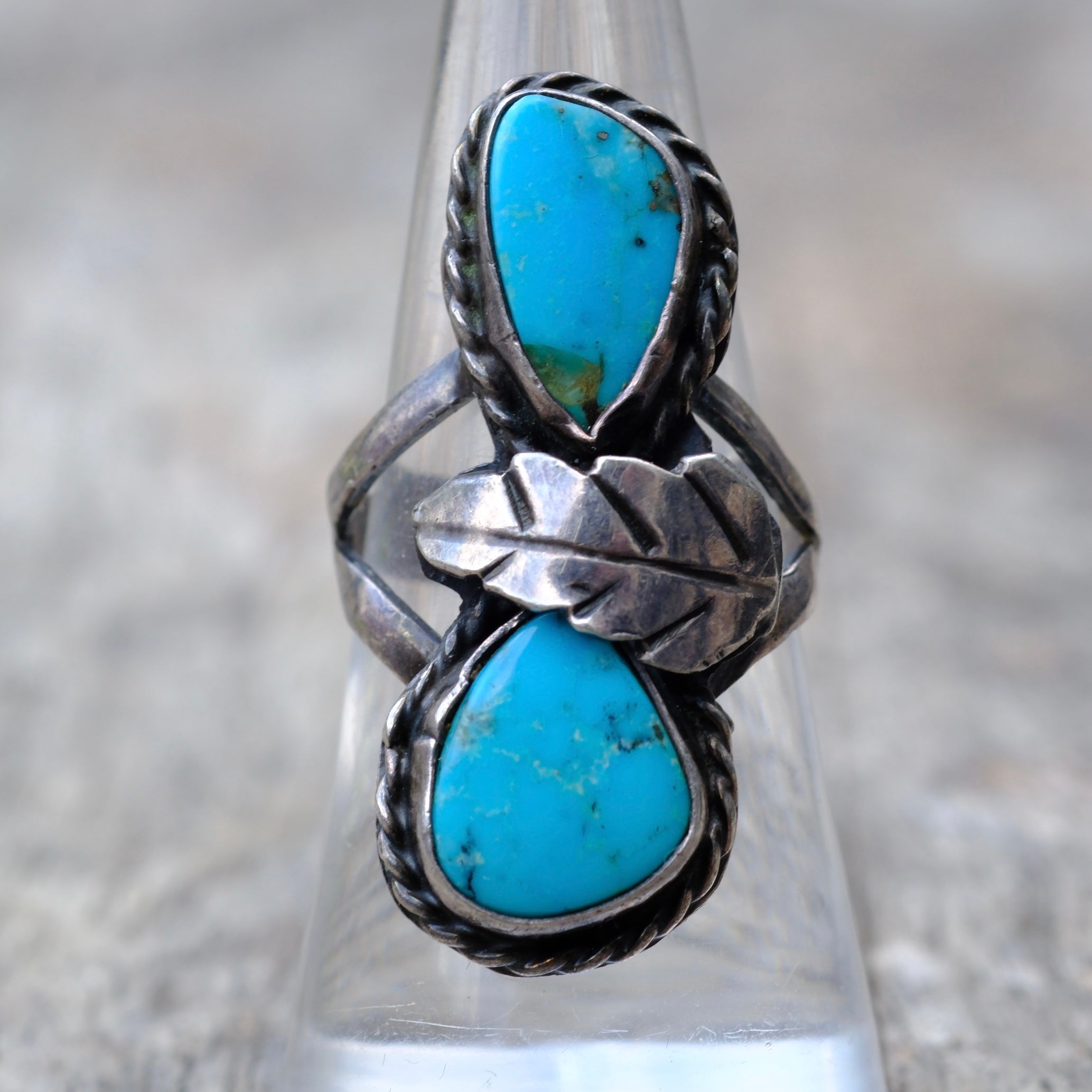 Vintage Sterling Silver Double Turquoise Leaf Ring 7.75