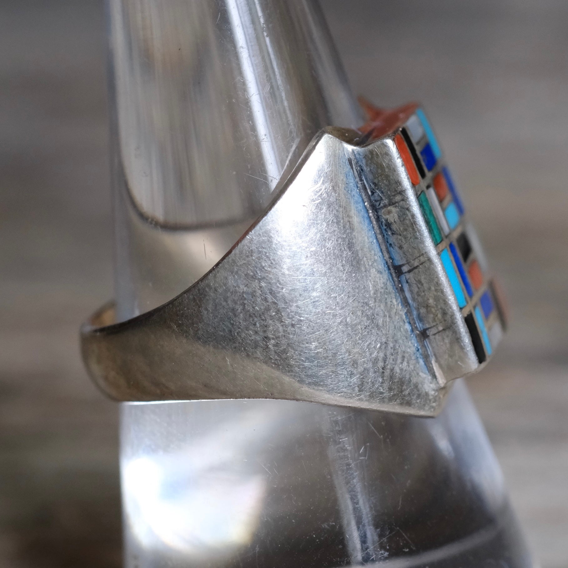 Vintage Sterling Multistone Inlay Mosaic Signet Ring 9