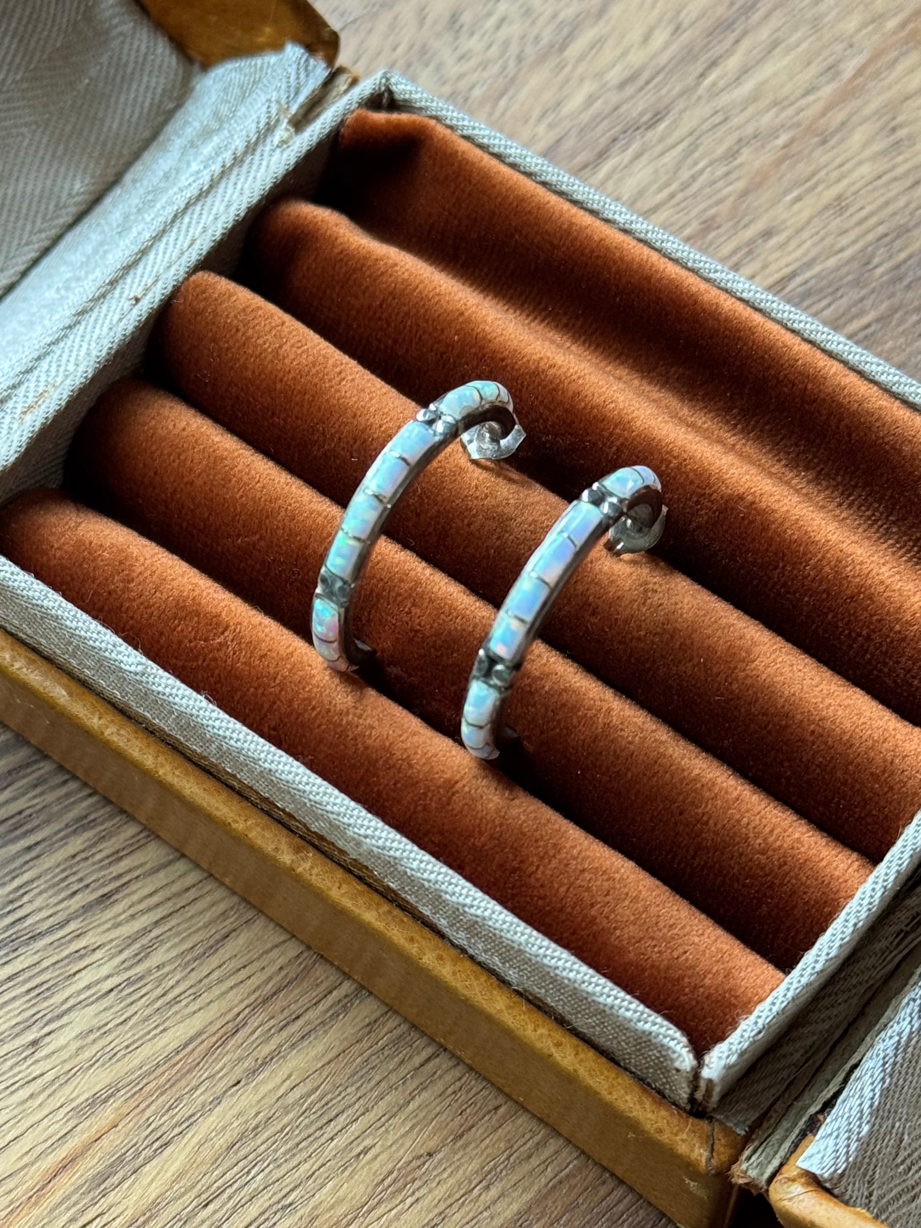 Vintage Sterling Silver Opal Inlay Half Hoops