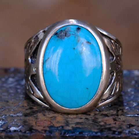 Vintage Sterling Turquoise Thunderbird Ring 8.5
