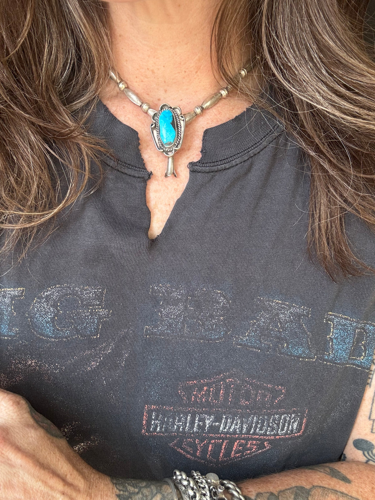 Vintage Sterling Silver Turquoise Squash Bell Necklace