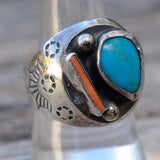 Vintage Sterling Turquoise and Coral Stamped Band Ring 9.25