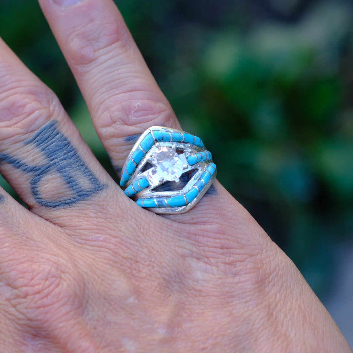 Vintage Sterling Turquoise Inlay CZ Ring 8