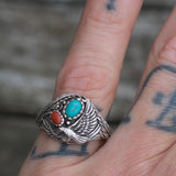 Vintage Sterling Turquoise and Coral Eagle Ring 6.75