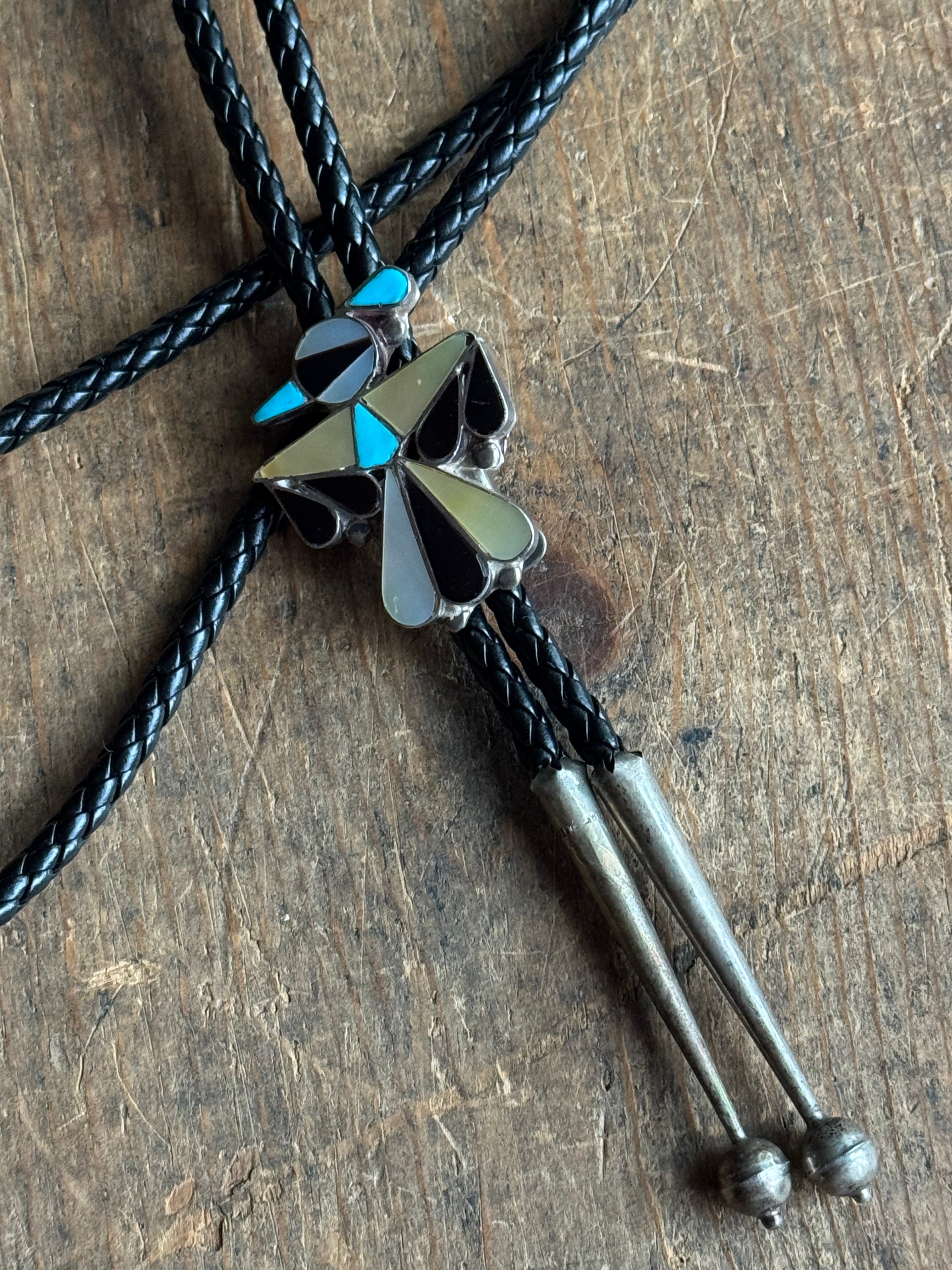 Vintage Sterling Silver Multistione Inlay Thunderbird Bolo