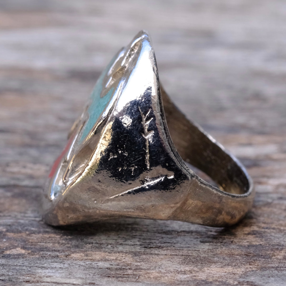 Vintage Sterling Turquoise and Coral Thunderbird Ring 9.25