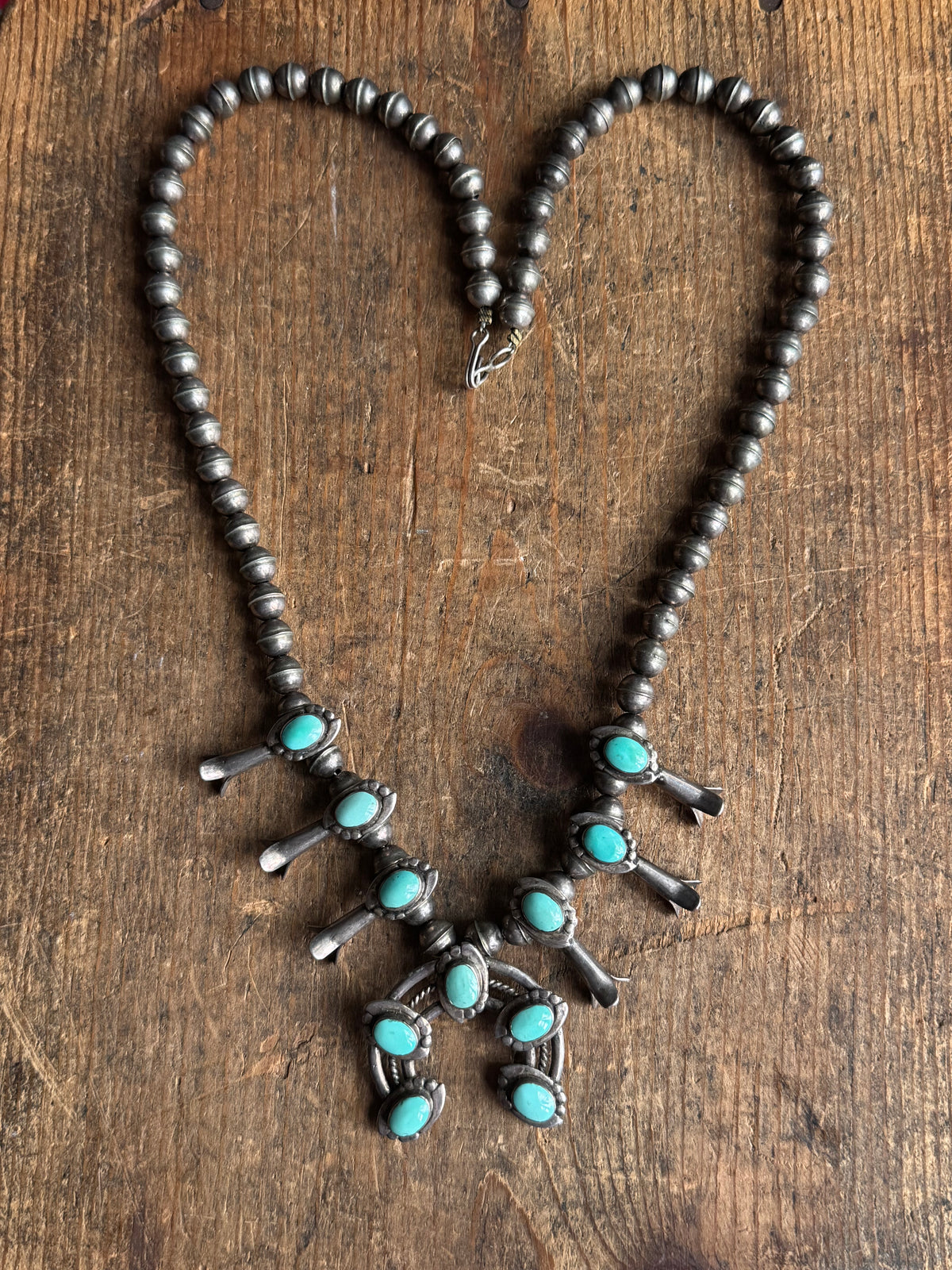 Vintage Sterling Silver Turquoise Squash Blossom Necklace