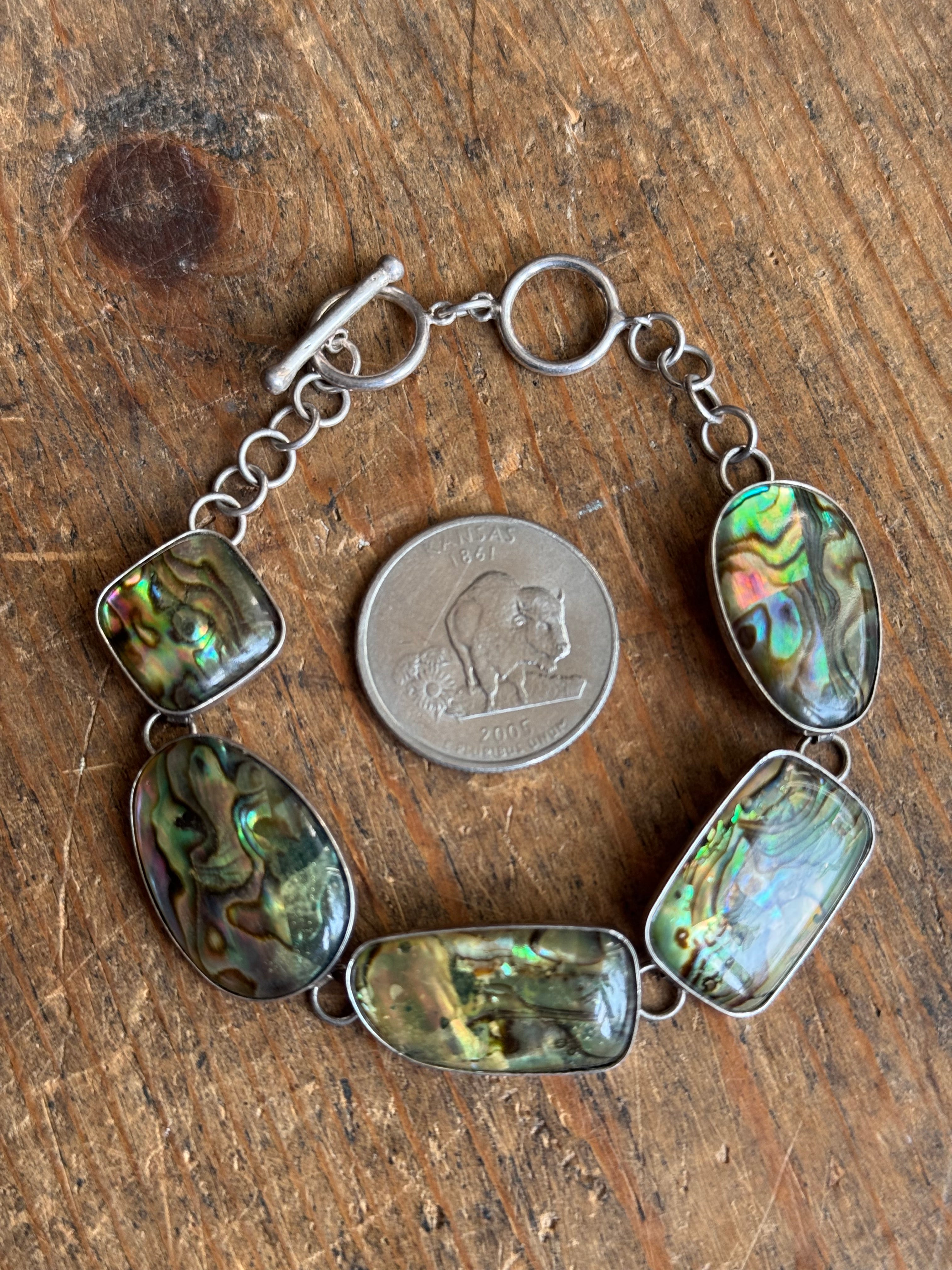 Vintage Sterling Silver 8” Abalone Link Toggle Bracelet
