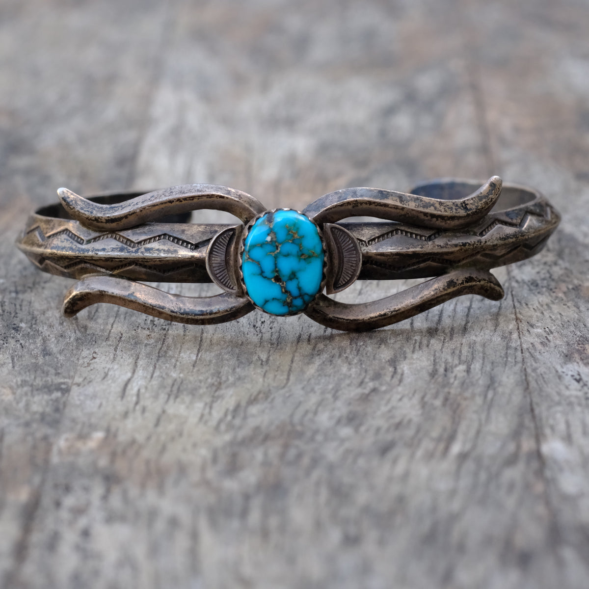 Vintage Sterling Turquoise Stamped Cuff Braceletx