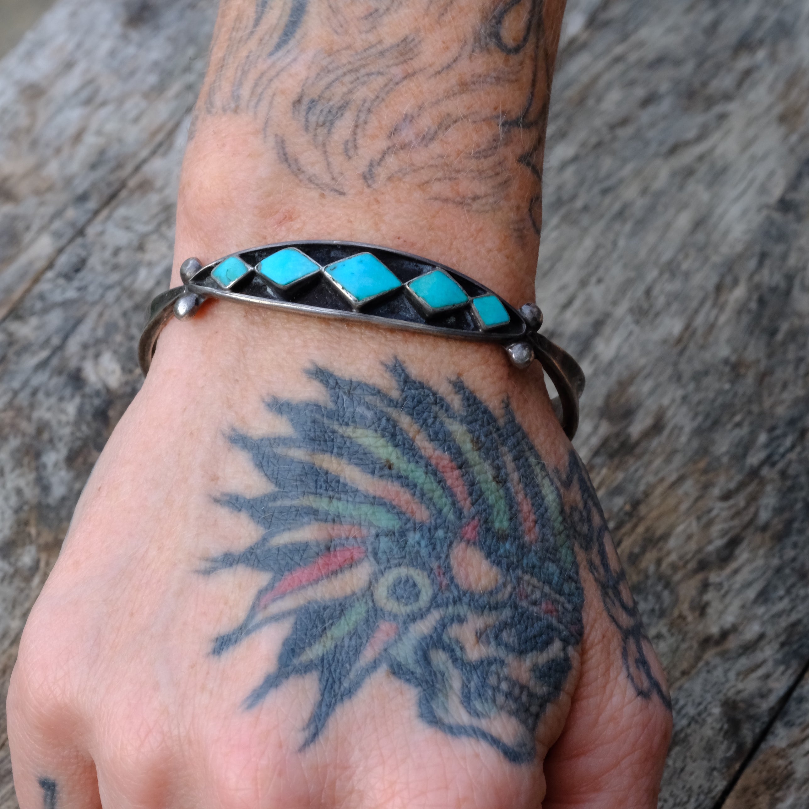 Vintage Sterling Turquoise Inlay Cuff Bracelet