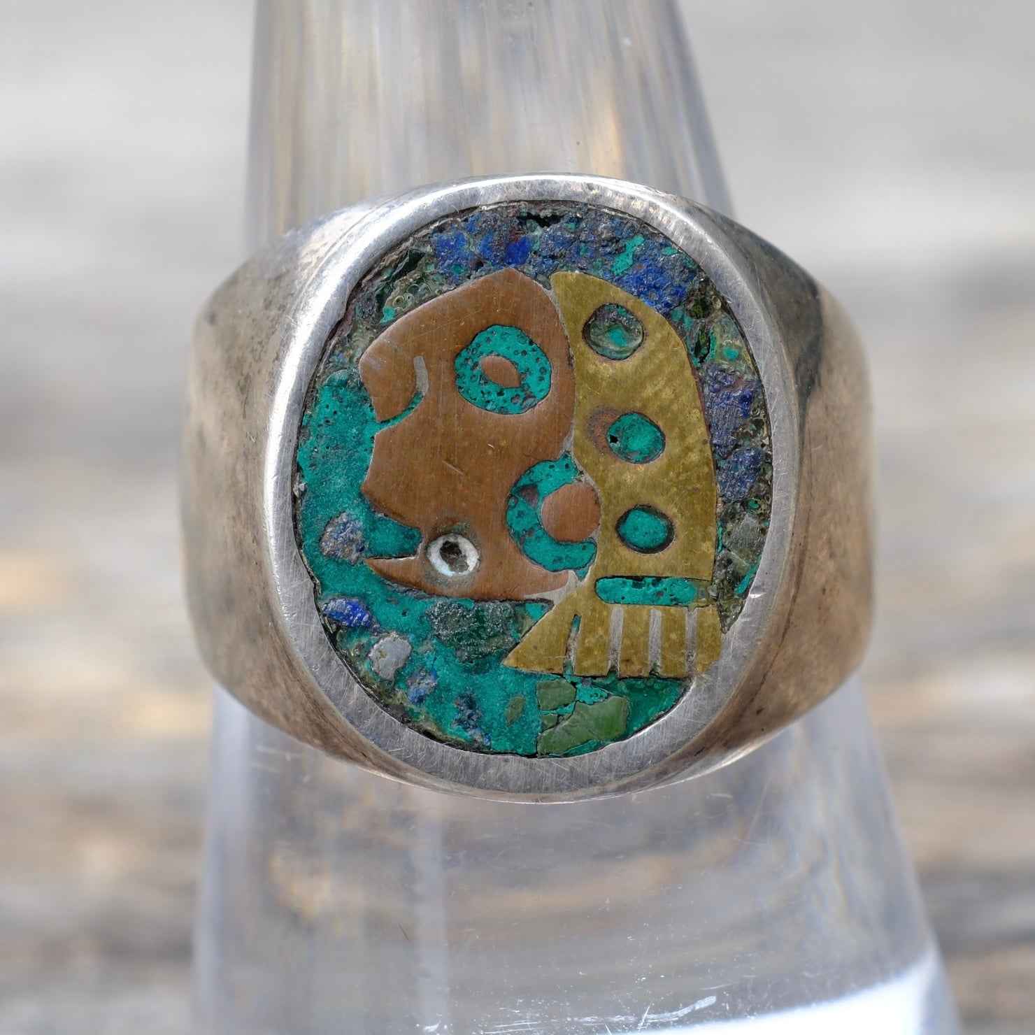 Vintage Sterling Turquoise Inlay Taxco Ring 8.75