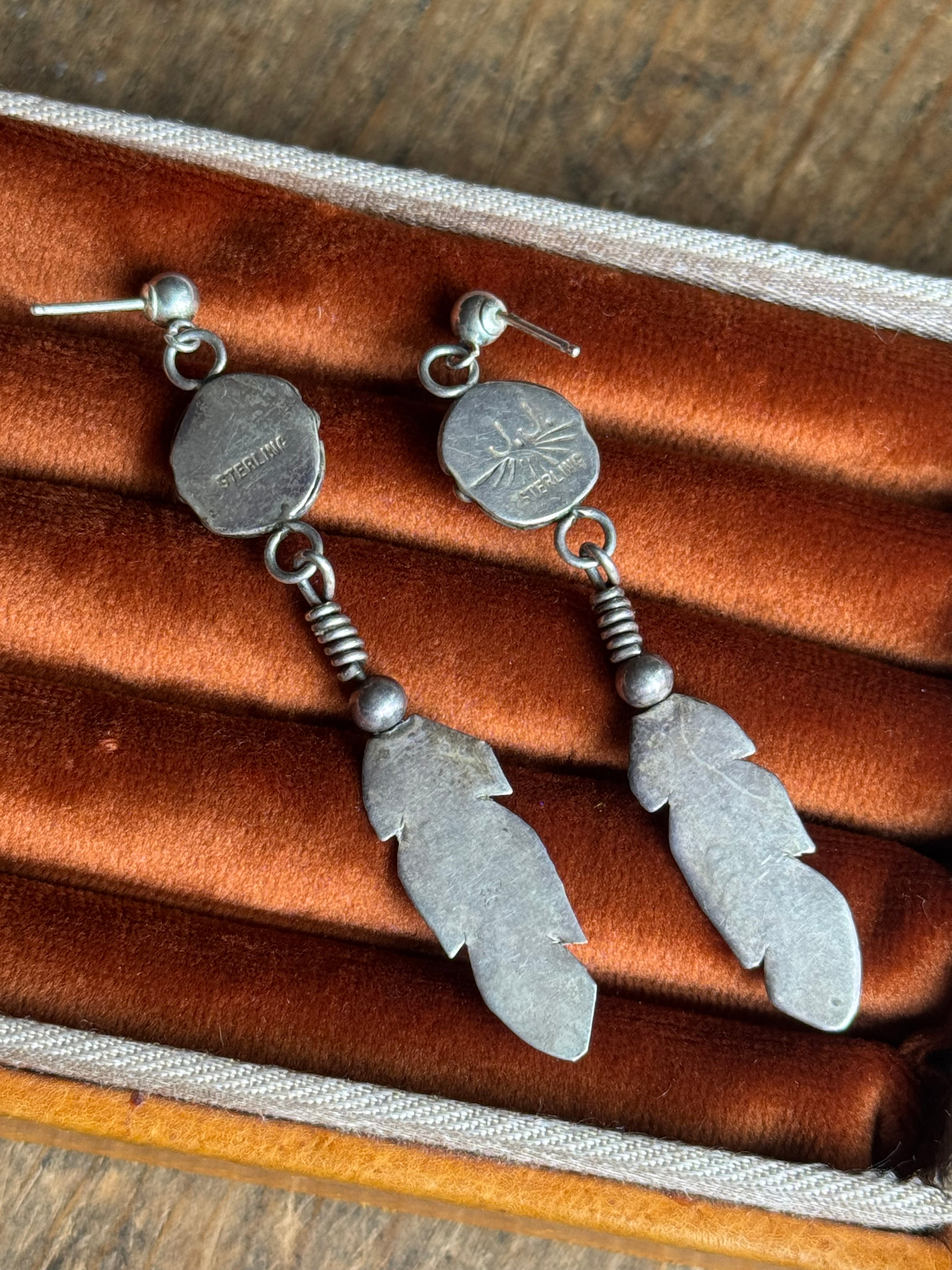 Vintage Sterling Silver Turquoise Feather Earrings
