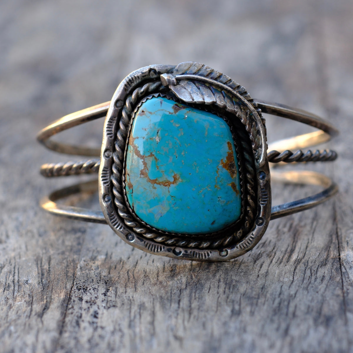 Vintage Sterling Turquoise Feather Cuff