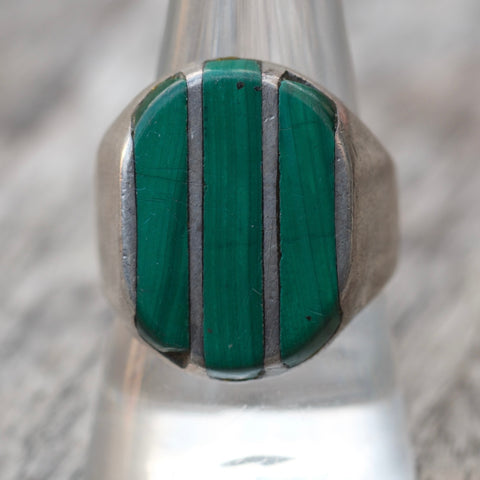 Vintage Sterling Malachite Inlay Striper Ring 9.75