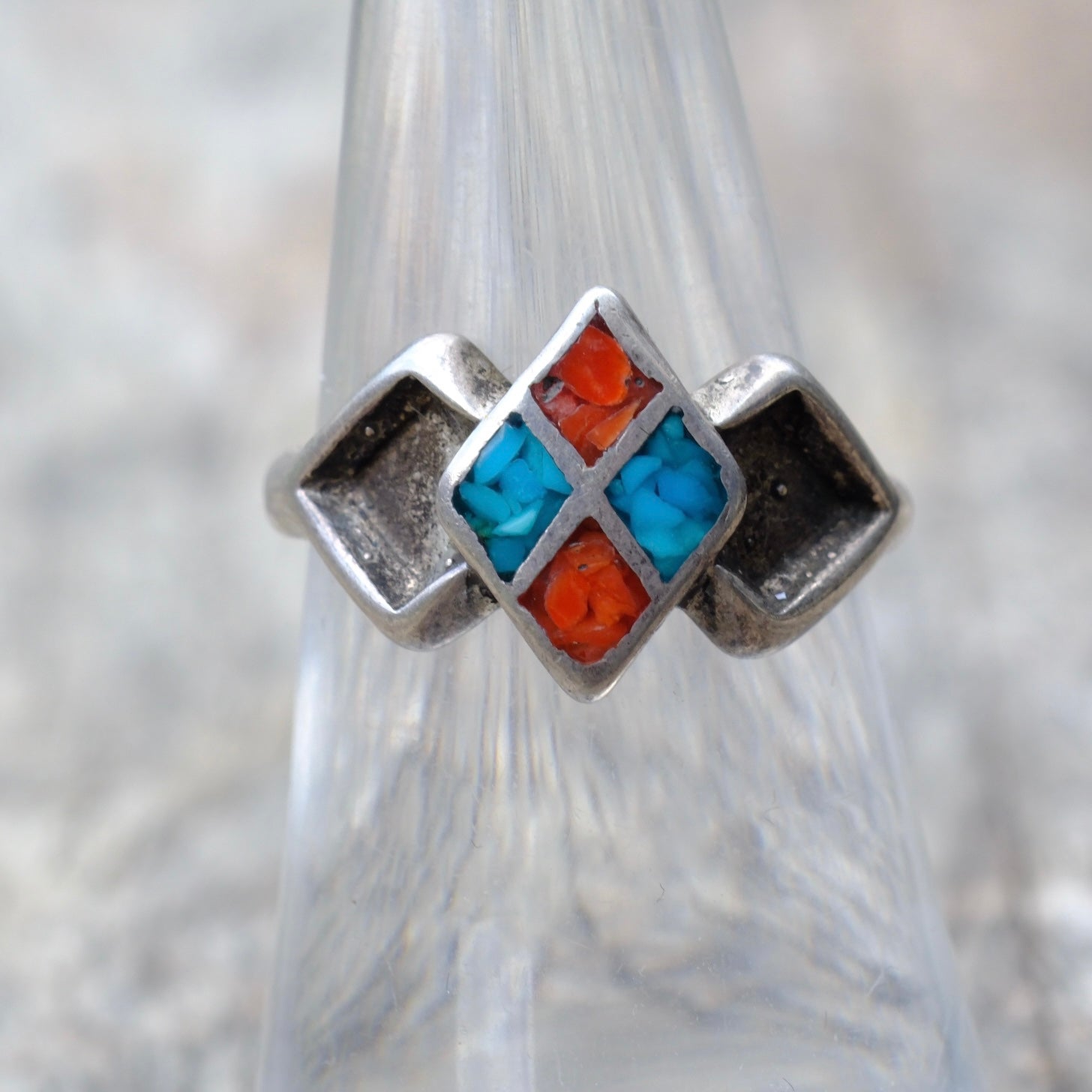 Vintage Sterling Silver Crushed Turquoise & Coral Inlay Diamond Ring 7