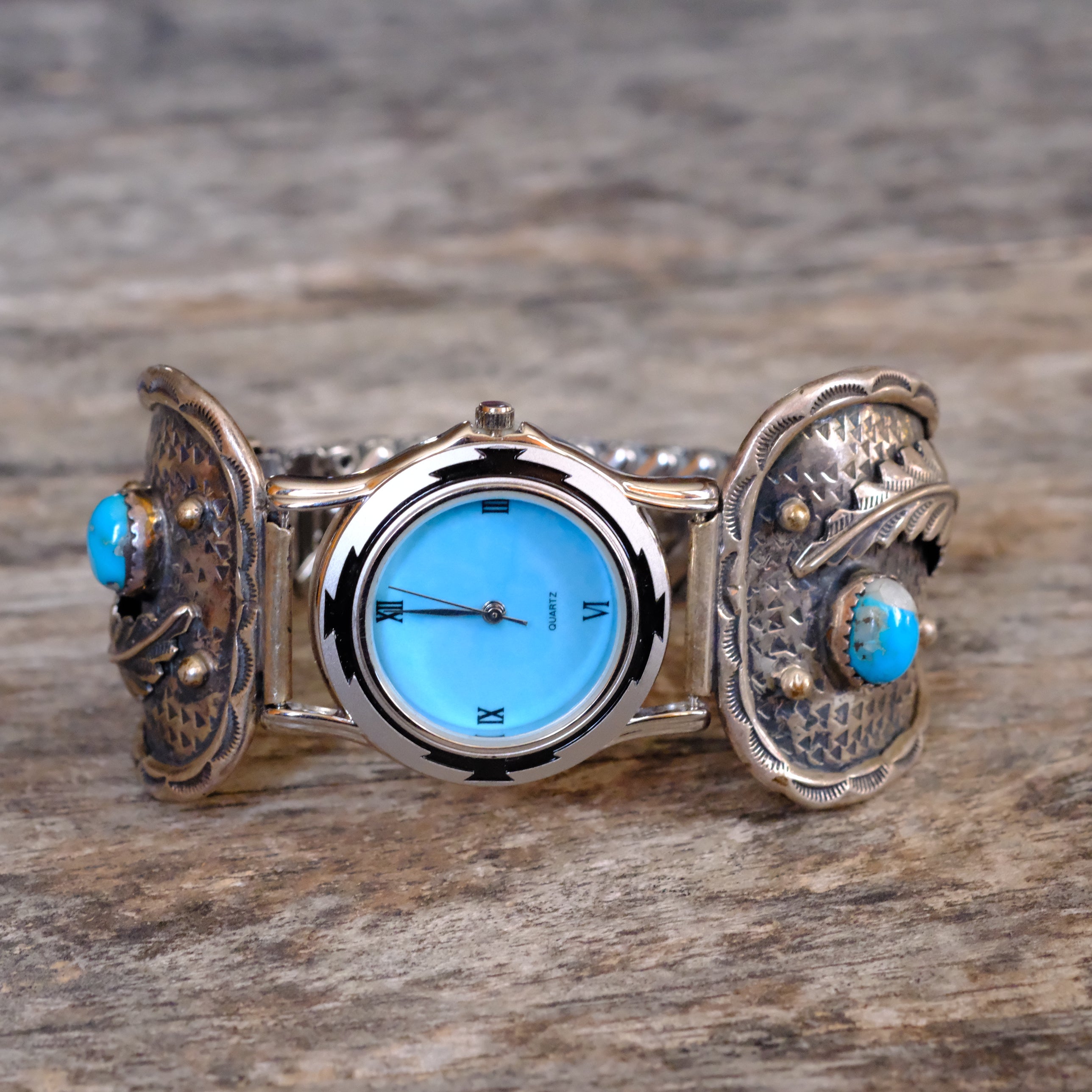 Vintage Sterling Turquoise Feather Watch With Turquoise Dial