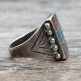 Vintage Sterling Crushed Turquoise and Coral Inlay Ring 8.25