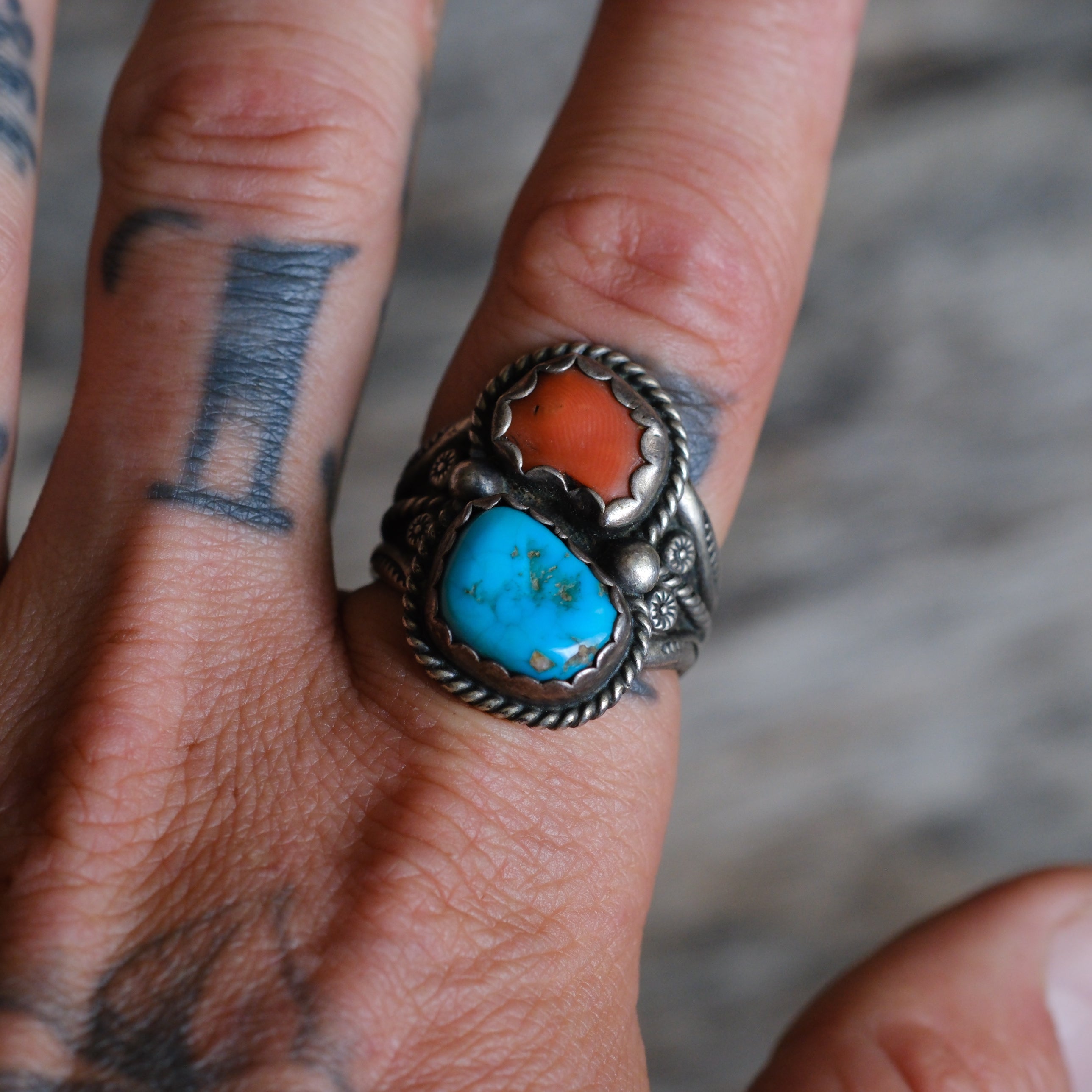 Vintage Sterling Turquoise and Coral Roper Ring 10.75