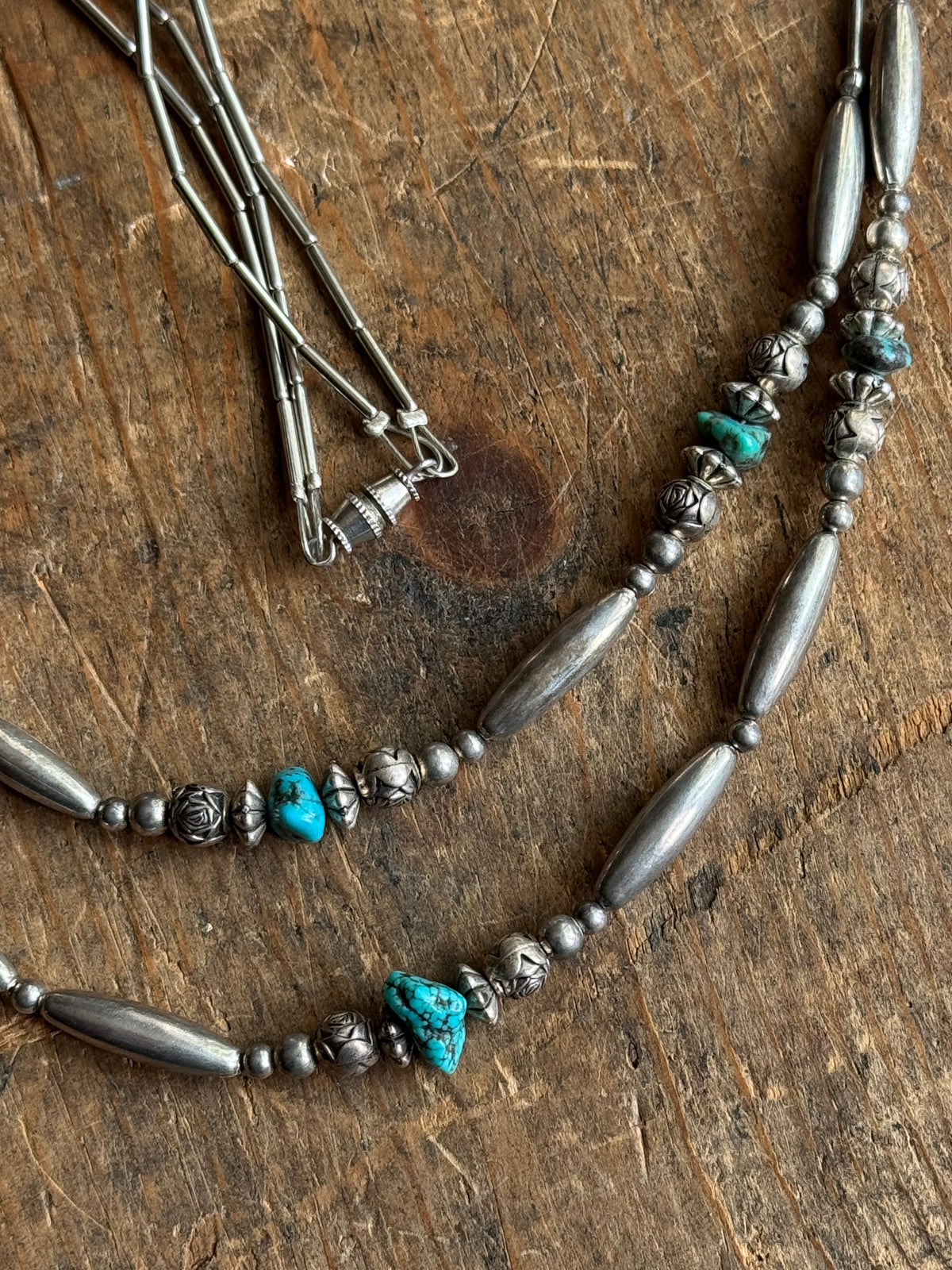 Vintage Raw Turquoise & Sterling Silver Double Strand Liquid Silver Beaded Necklace