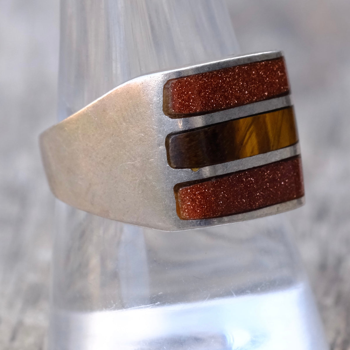 Vintage Sterling Tigers Eye and Goldstone Inlay Ring 9.75