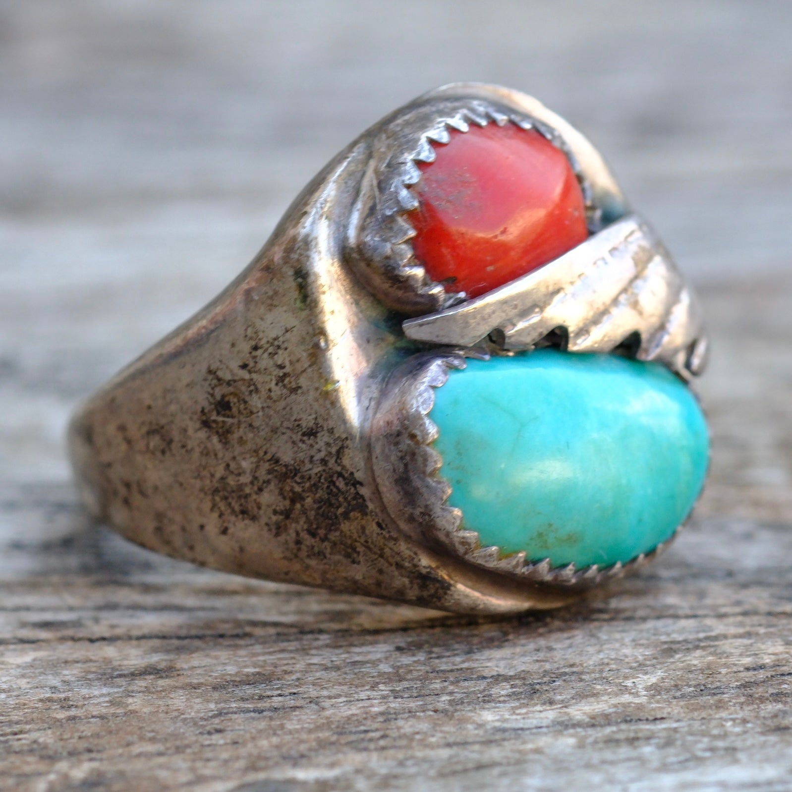 Vintage STerling Turquoise and Coral Feather Ring 9