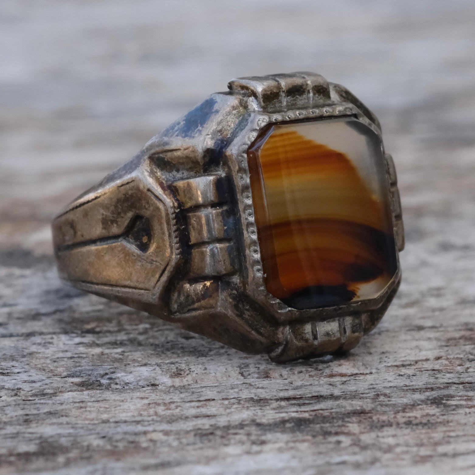Vintage Sterling Agate Signet Ring 8.25