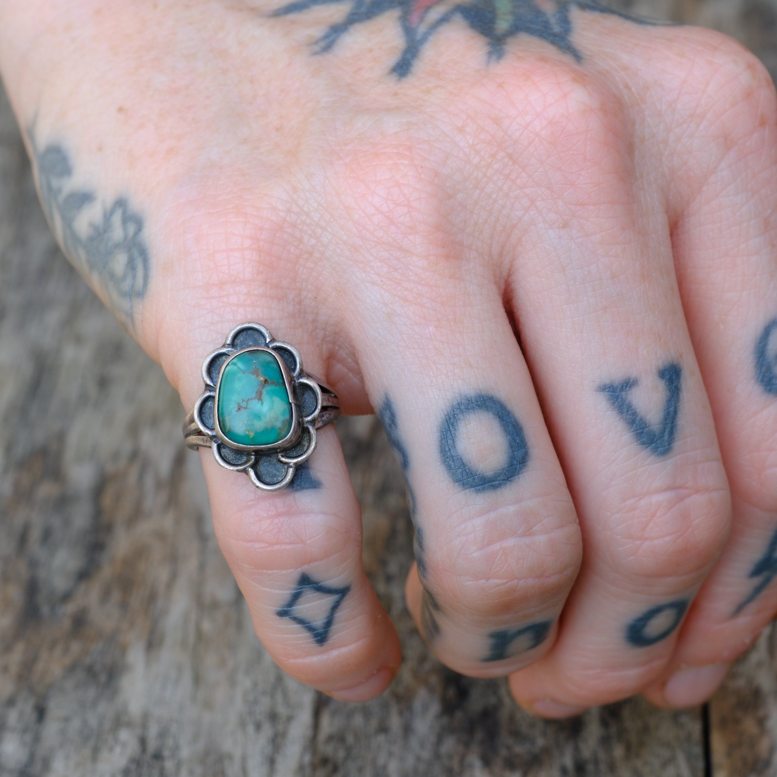 Vintage Sterling Turquoise Florette Ring 4.75