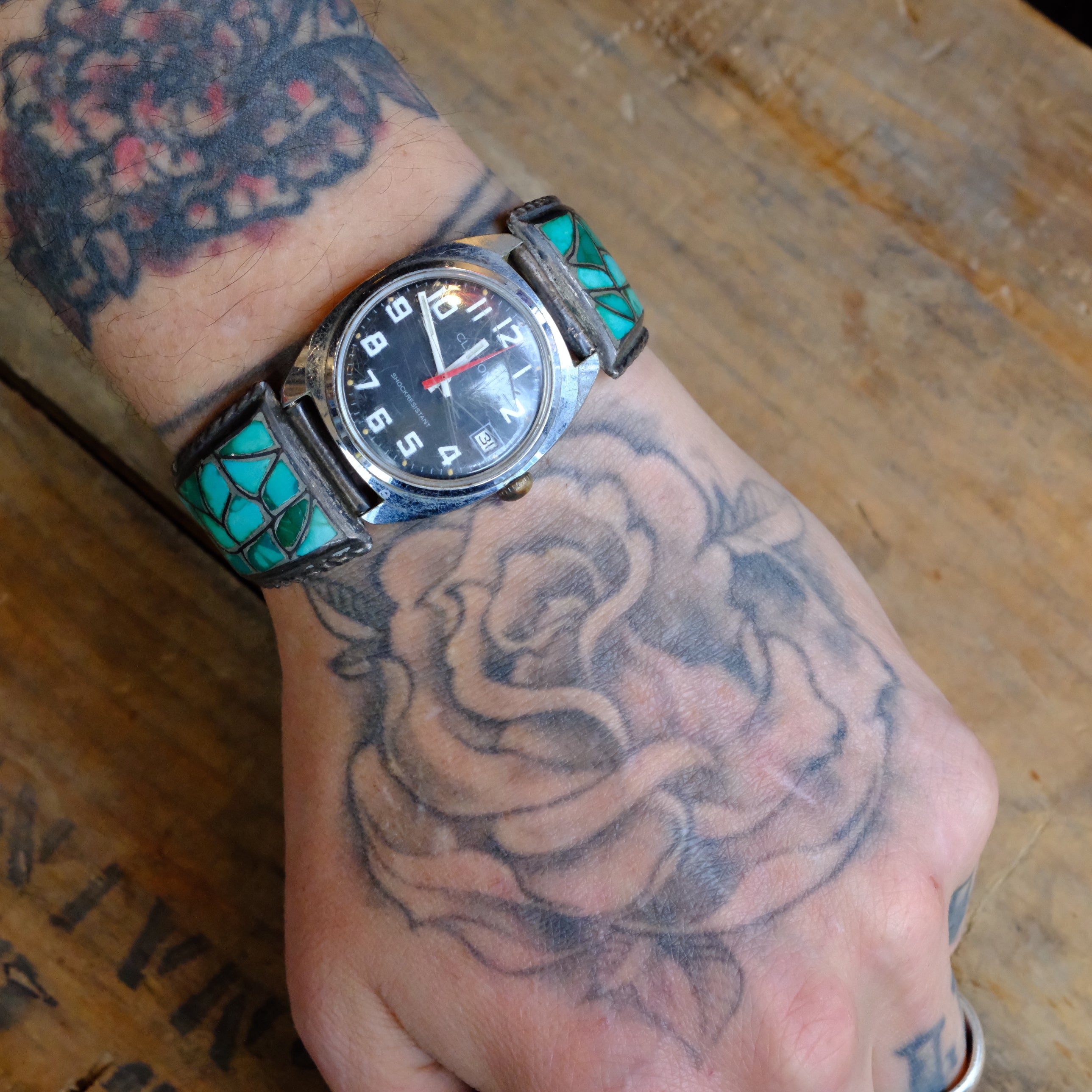 Vintage Sterling Zuni Inlay Fish Scale Watch