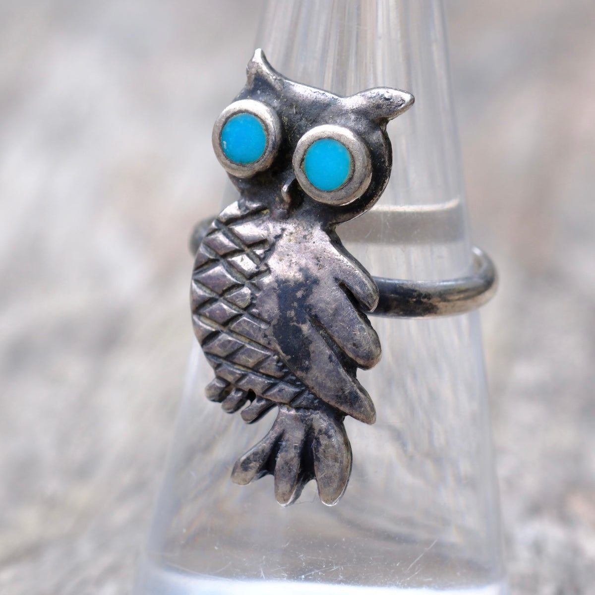 Vintage Sterling Turquoise Owl Ring 6.5