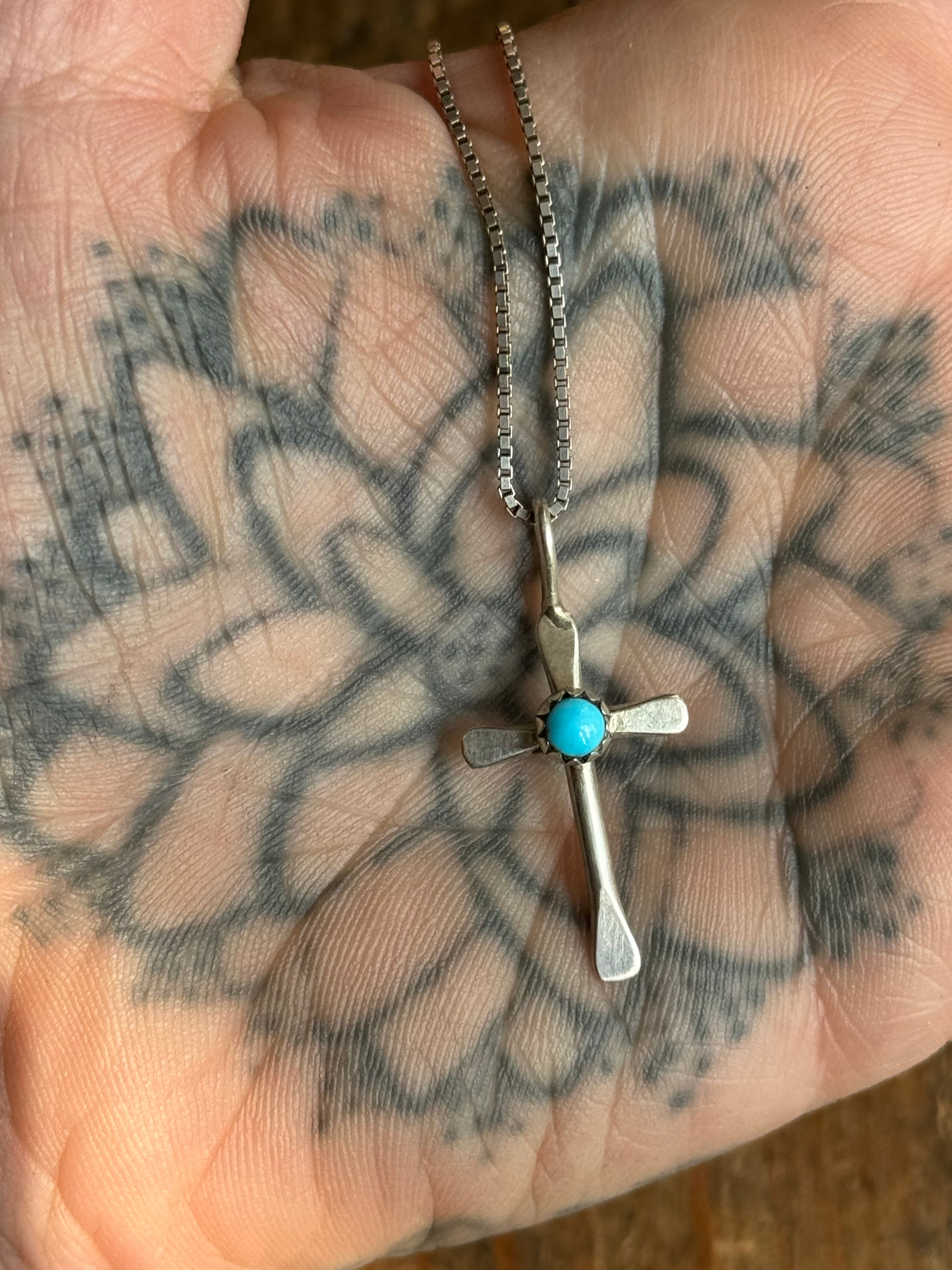 Vintage Sterling Silver Turquoise Cross 16" Necklace