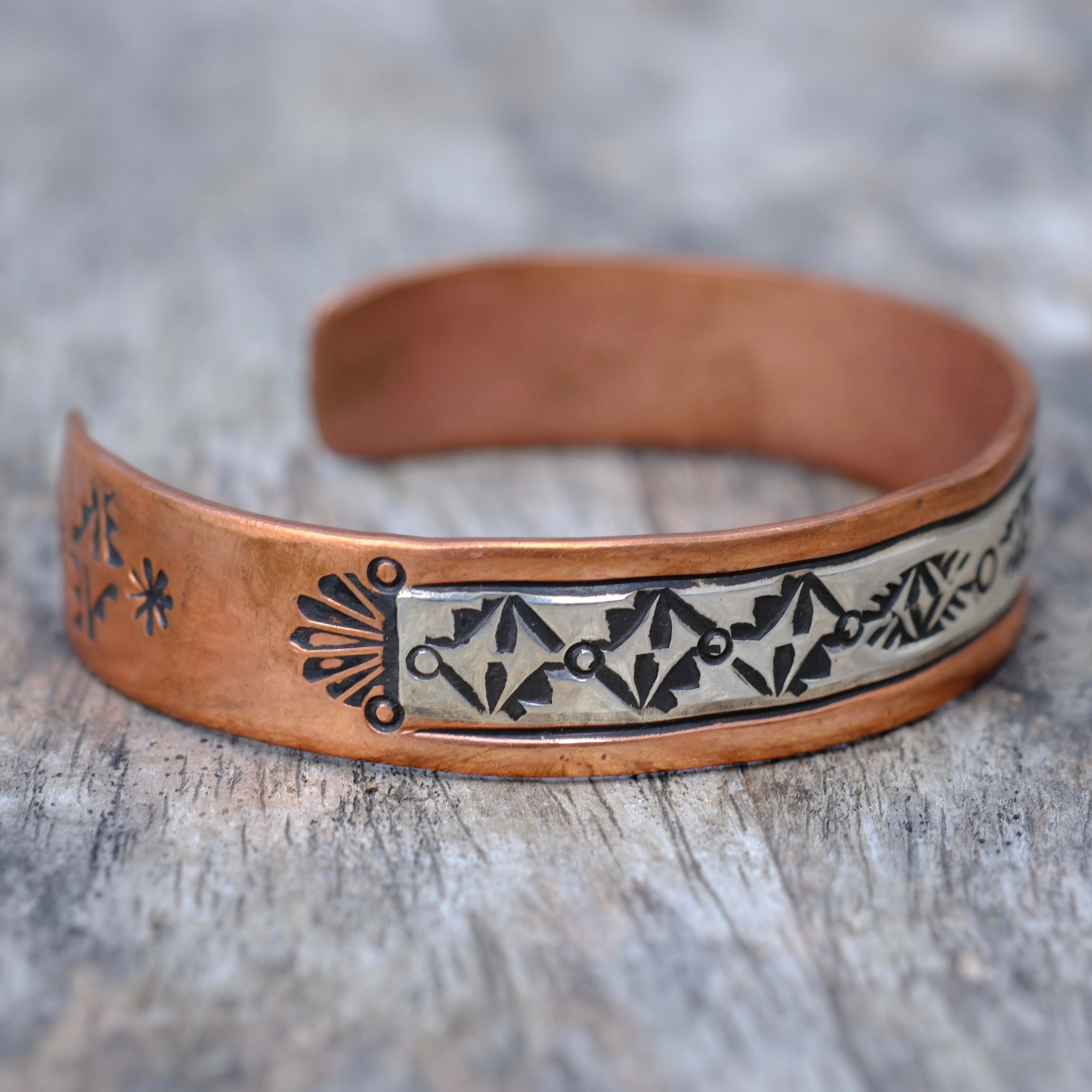 Vintage Sterling Copper and Sterling Silver Stamped Cuff Bracelet