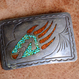 Vintage Sterling Turquoise and Coral Inlay Claw Belt Buckle