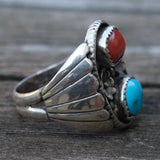 Vintage Sterling Turquoise and Coral Ribbed Band Ring 10.75