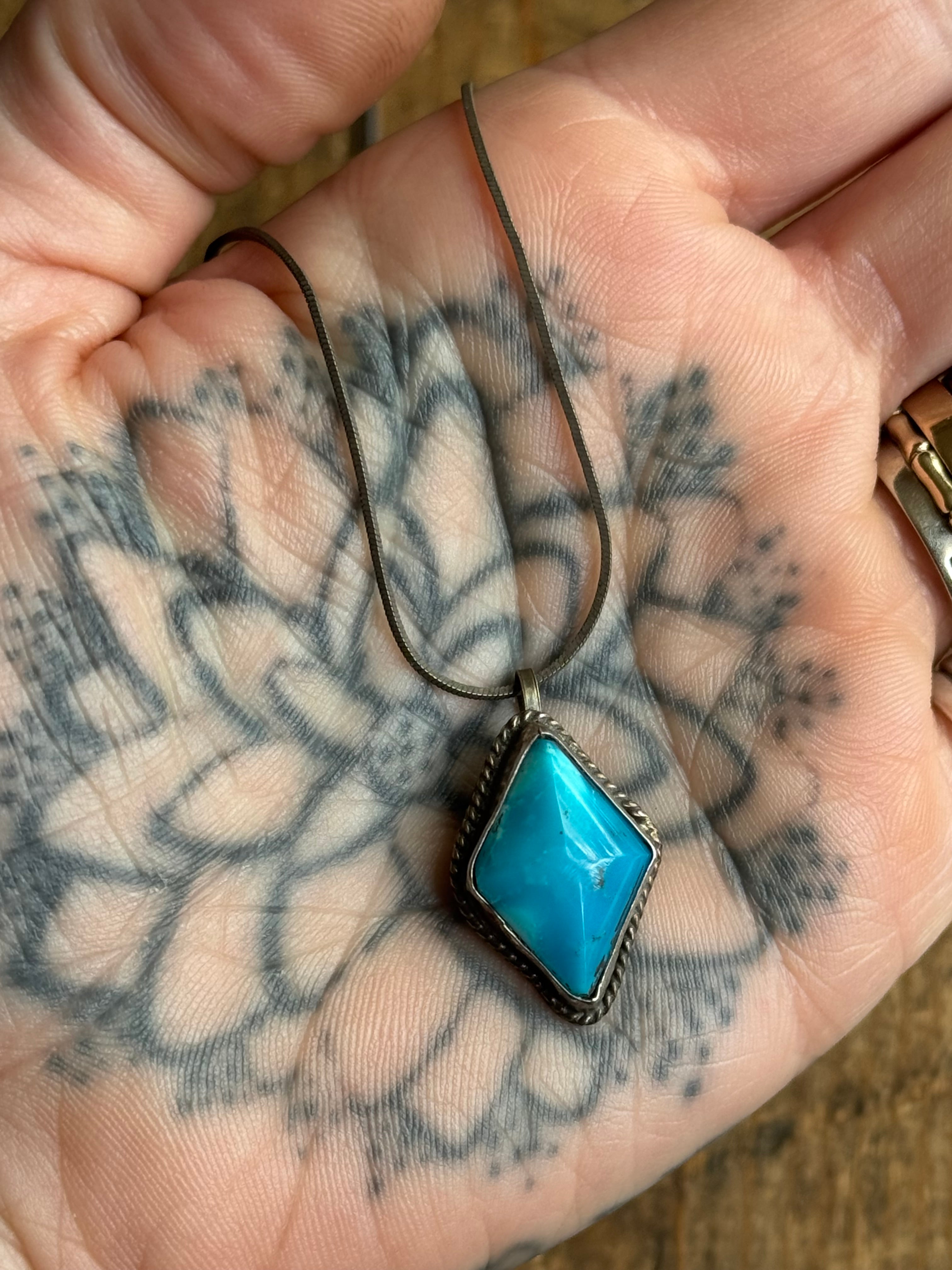 Vintage Sterling Silver Diamond Turquoise Necklace