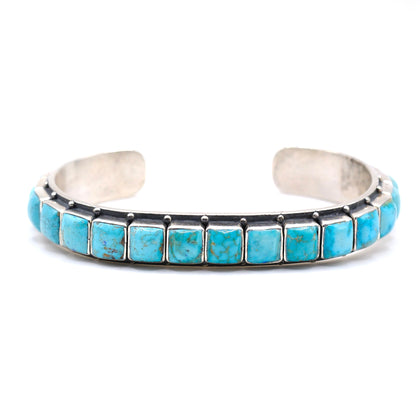 Vintage Sterling Turquoise Inlay Row Cuff Bracelet 6.75"