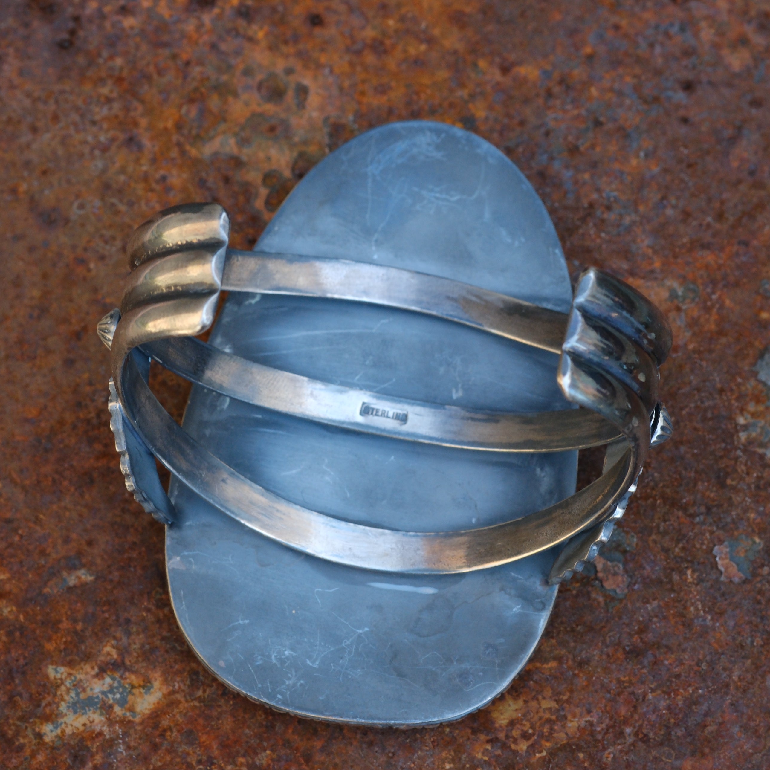 HUGE Vintage Sterling Turquoise Feather Cuff Bracelet