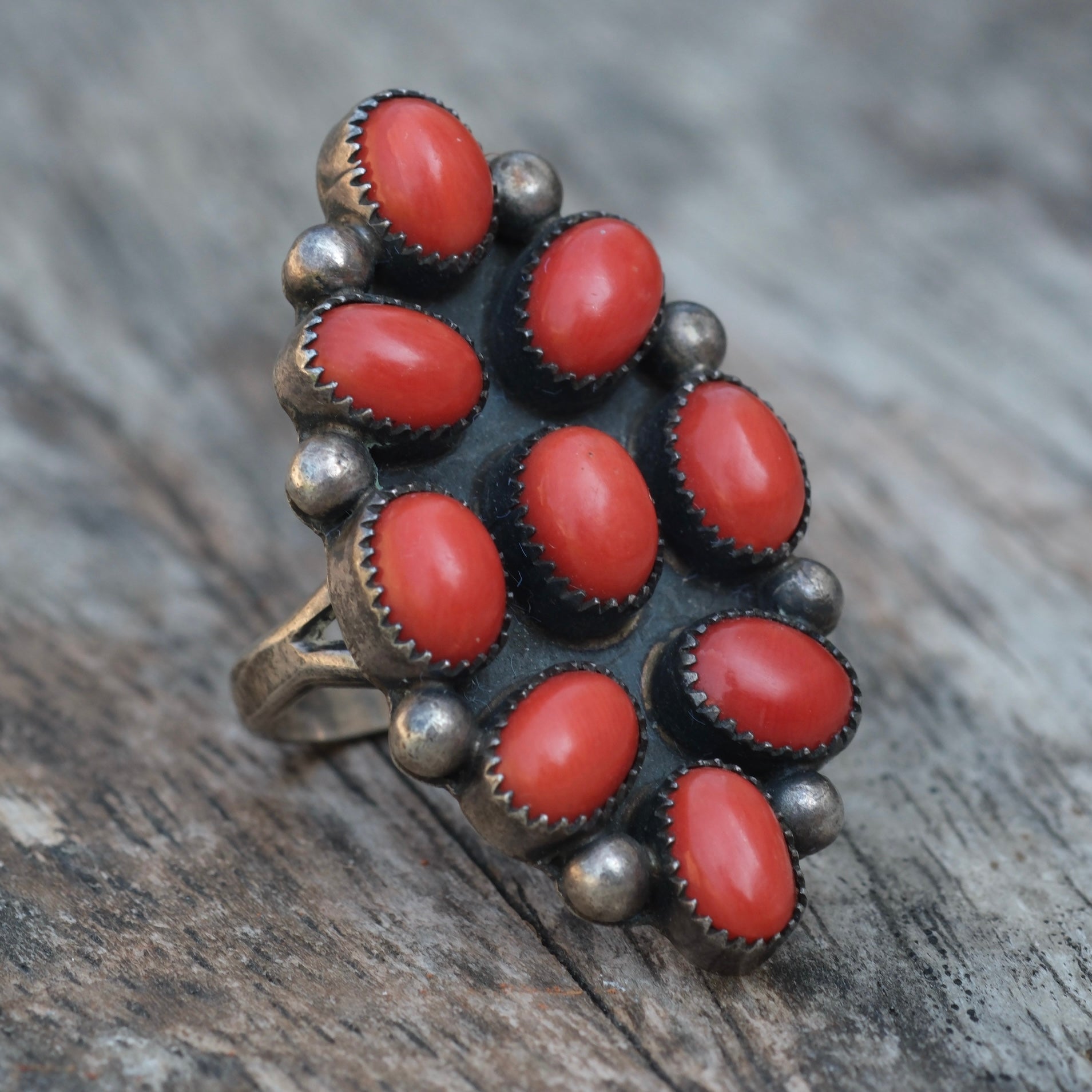 Vintage Sterling Coral Cluster Ring 7.25