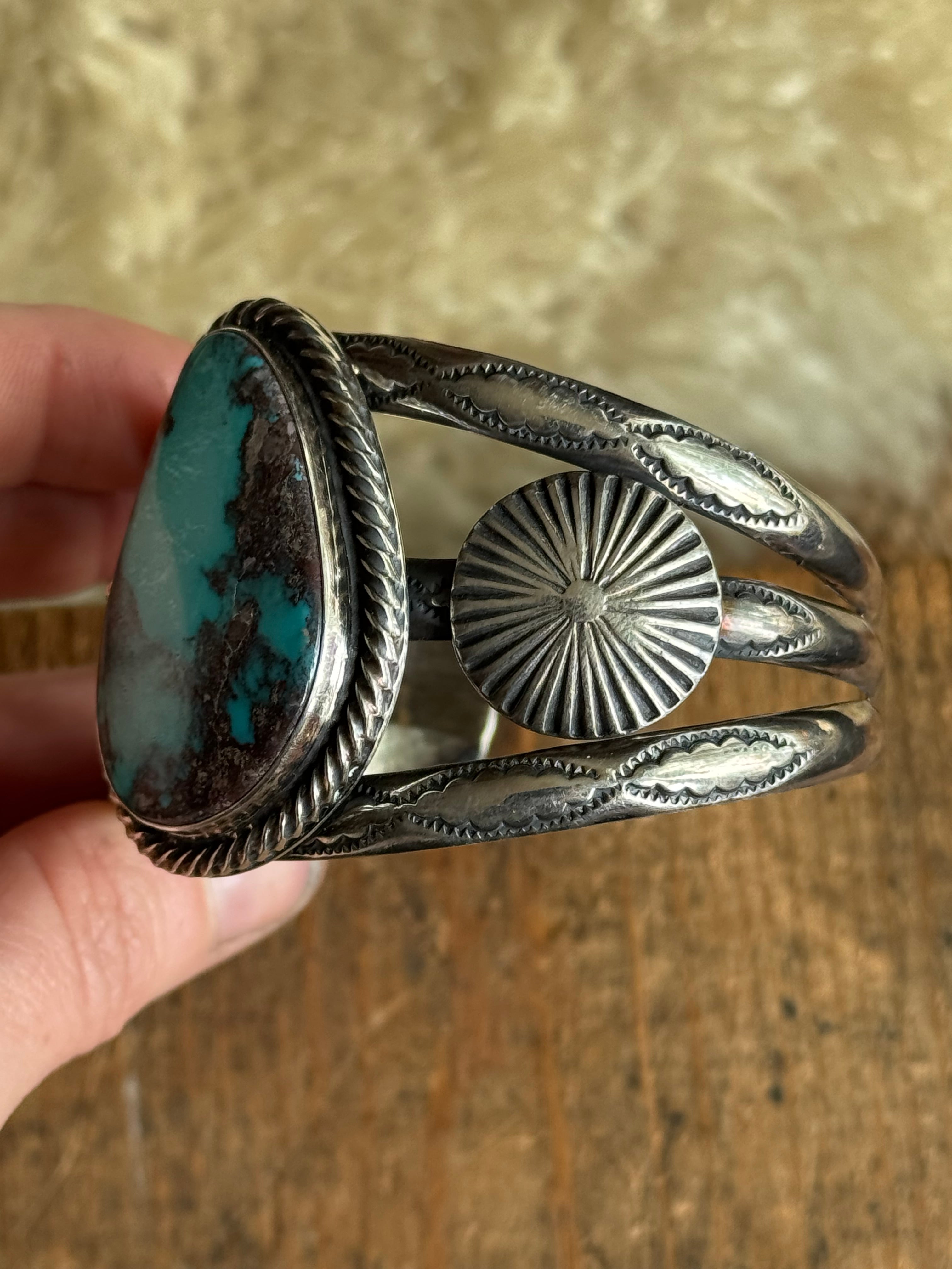 Vintage Sterling Silver Stamped Turquoise Sun Coin Cuff