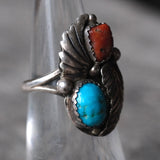 Vintage Sterling Turquoise and Coral Feather Ring 5.75