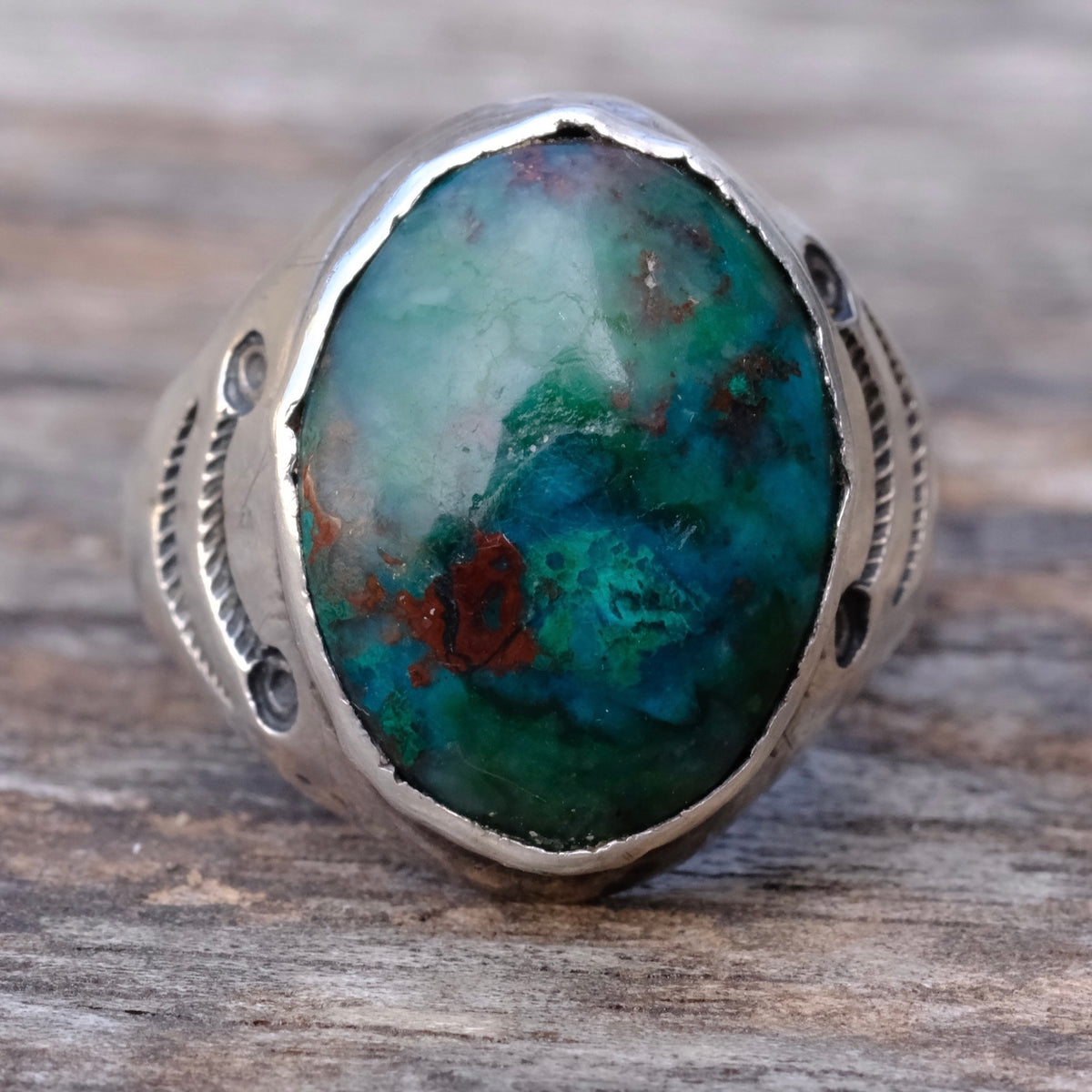 Vintage Sterling Chrysocolla Stamped Ring 9