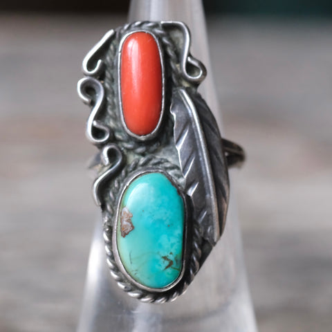 Vintage Sterling Turquoise and Coral Feather Ring 5.25