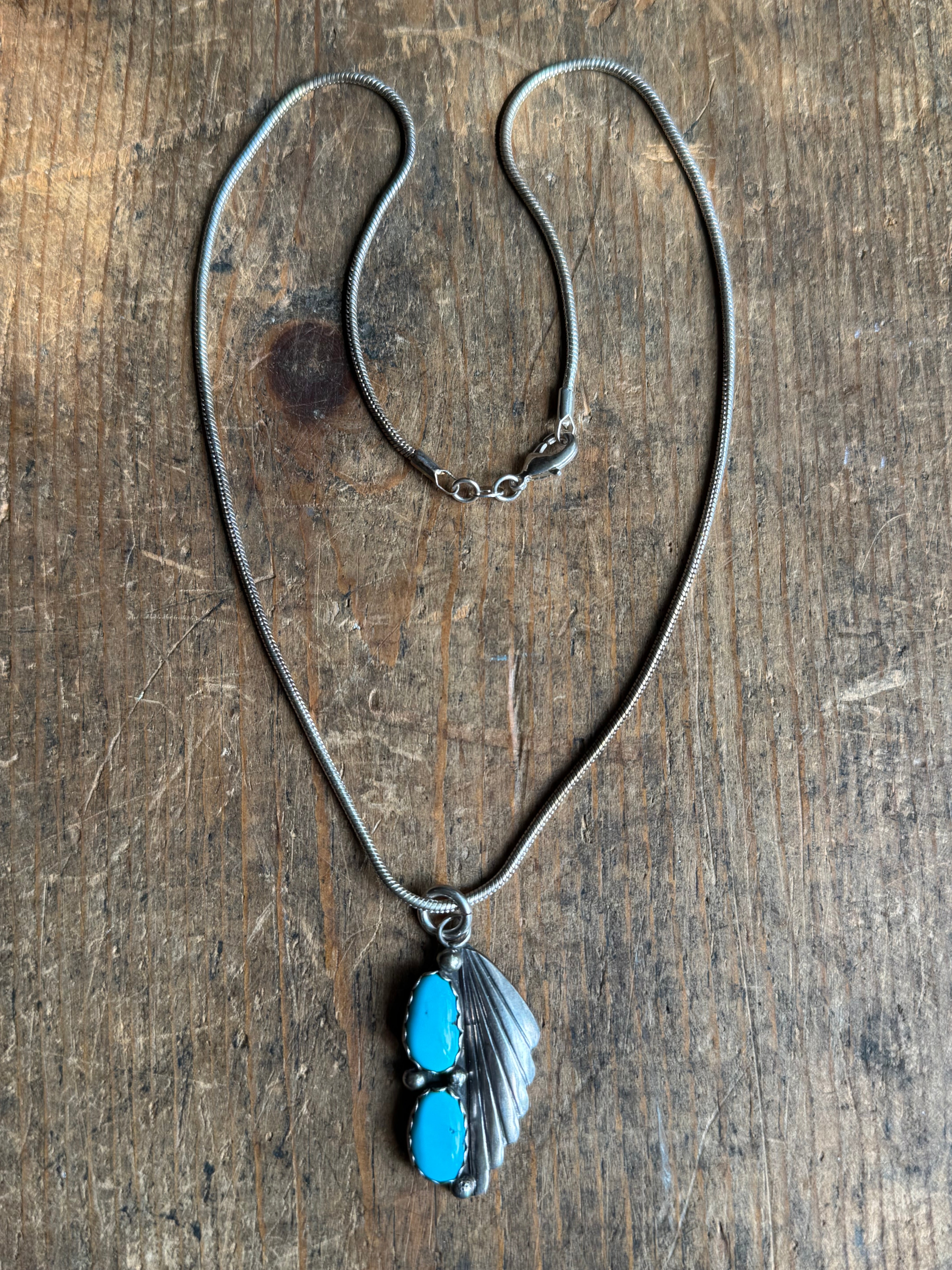 Vintage Sterling Silver Double Turquoise Fan 18" Necklace