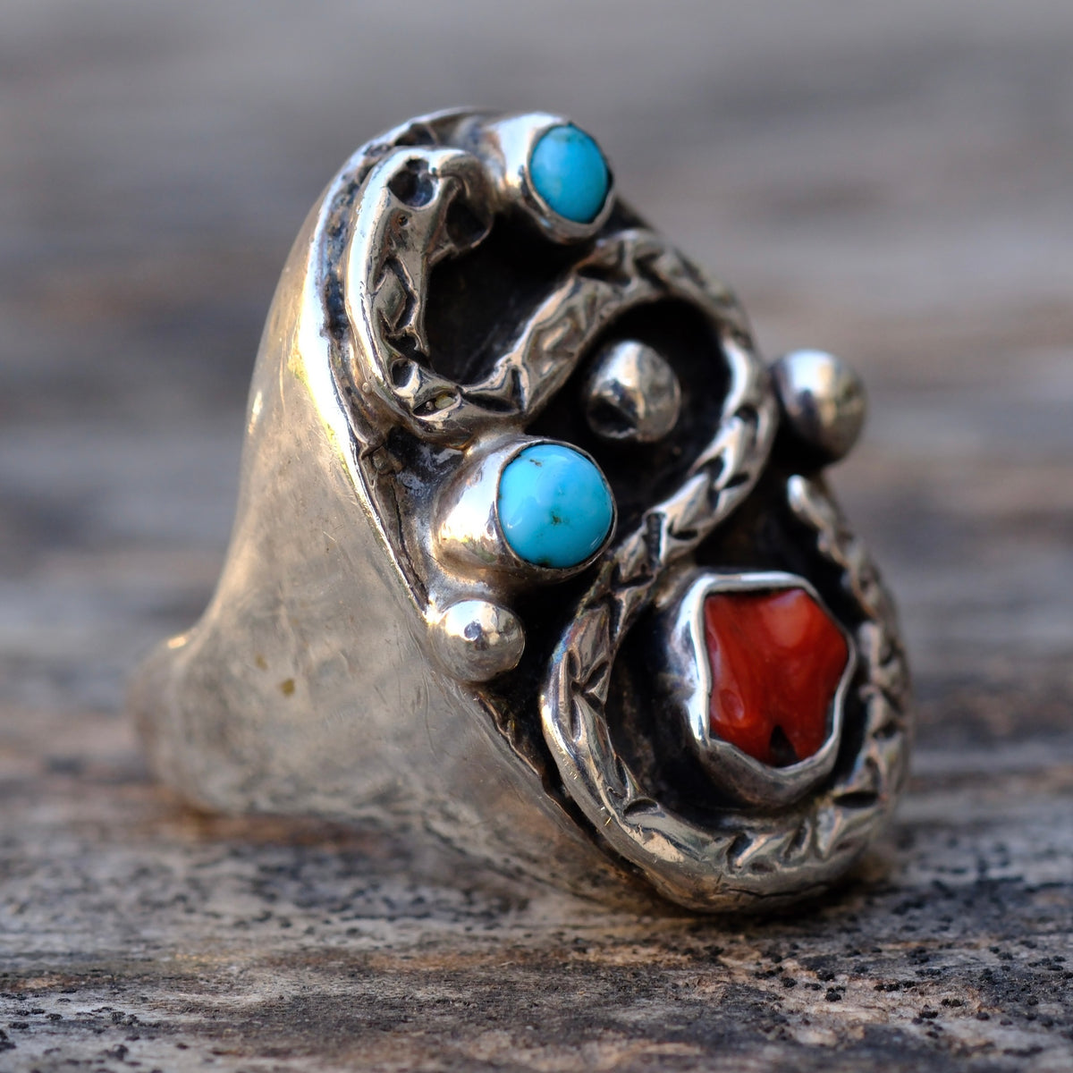 Vintage Sterling Turquoise and Coral Snake Ring 9