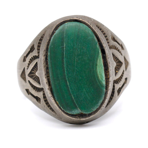 Vintage Sterling Stamped V Malachite Trading Post Ring 13
