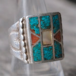 Vintage Sterling Turquoise MOP and Coral Inlay Ring 9.5