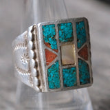 Vintage Sterling Turquoise MOP and Coral Inlay Ring 9.5