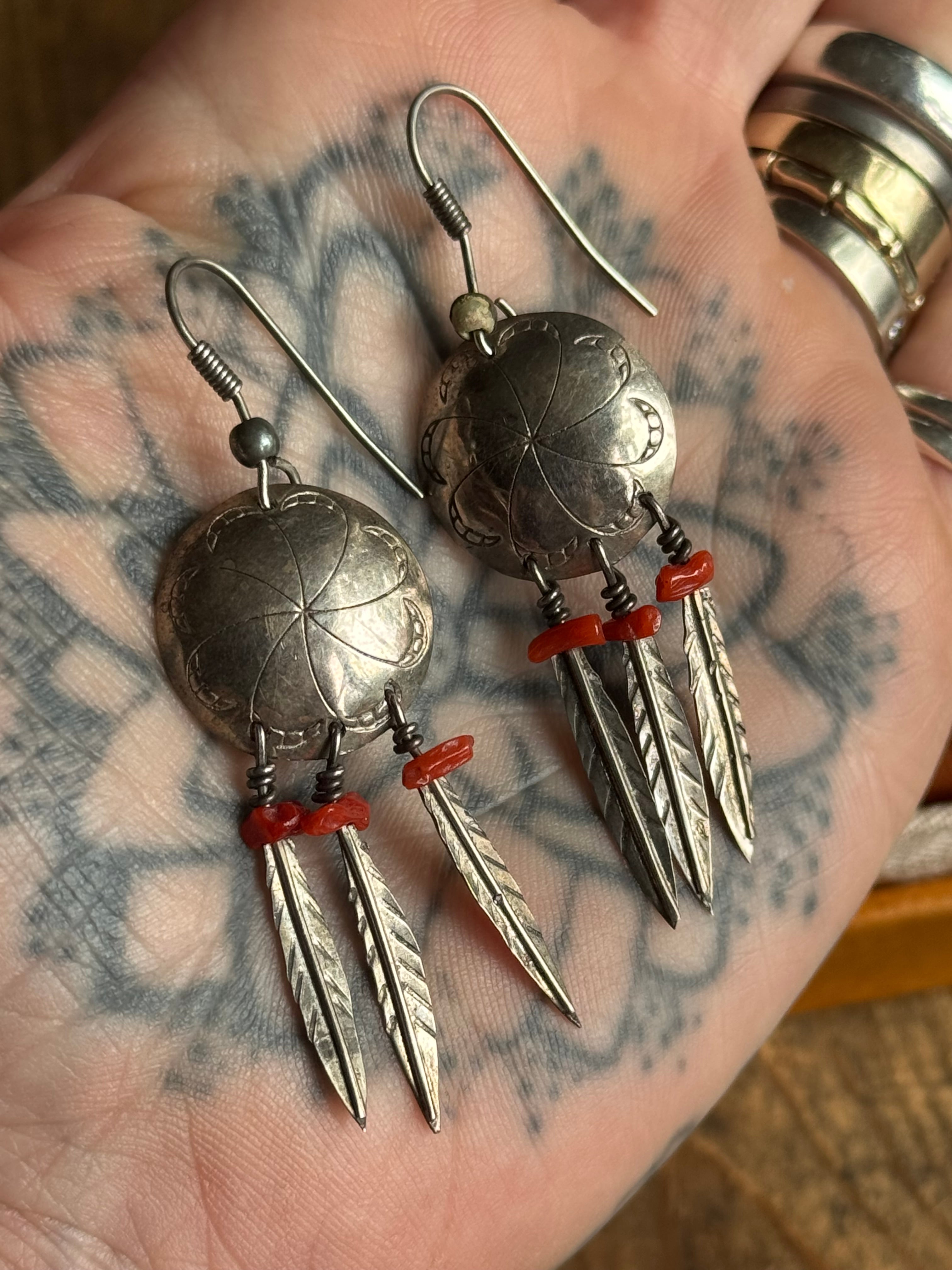 Vintage Sterling Silver Coral Bead Feather Concho Earrings