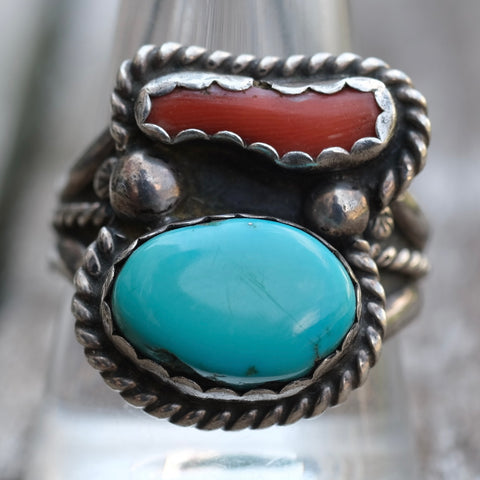 Vintage Sterling Turquoise and Coral Ring 11.75